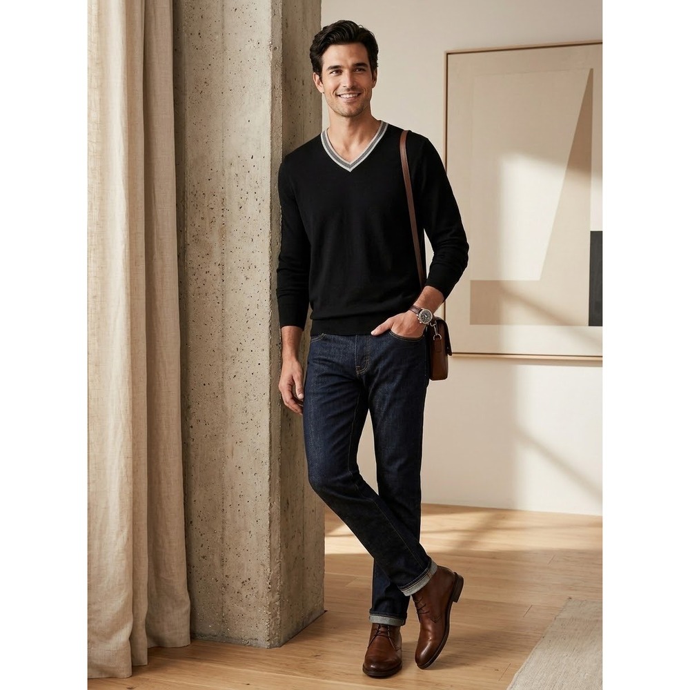 V-Neck Striped Banana Republic Black Cotton Silk Cashmere Sweater Size L Large
